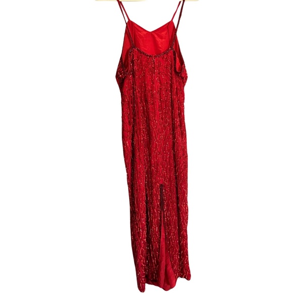 Vintage 90's Red Beaded Silk Full Length Evening Dress - XL - Picture 3 of 13